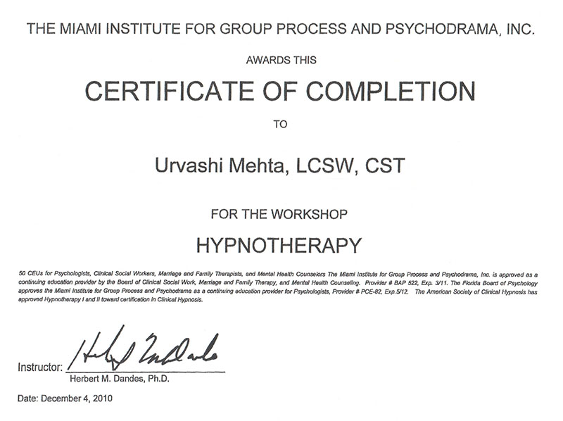 Certificate of Completion - Hypnotherapy