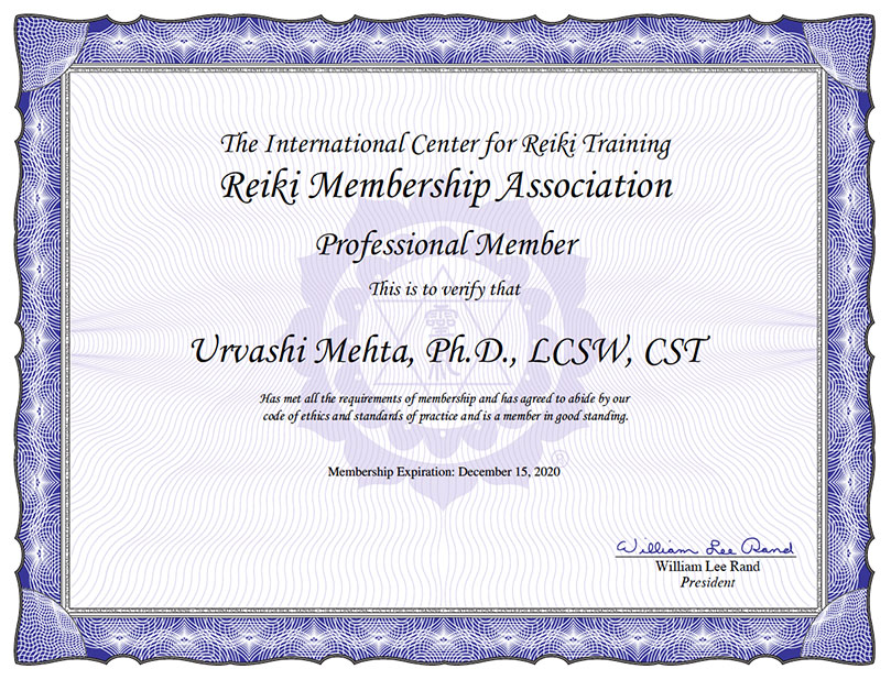 Urvashi Mehta Reiki Member Certificate